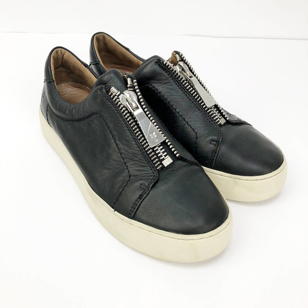 Frye Womens Lena Sneakers 7.5 Black Zip Low Italian Leather Slip On Casual Shoe